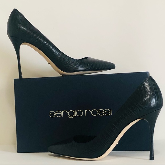 Sergio Rossi Shoes - Sergio Rossi Godiva Black Leather Animal Print Pointed Toe Heeled Pumps